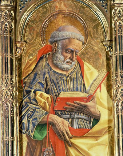 Pyhä Pietari, yksityiskohta SantEmidion polyptyykistä, 1473, tempera paneelille, yksityiskohta 76636:sta. tekijältä Carlo Crivelli