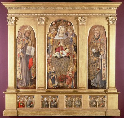 Neitsyt ja lapsi sekä pyhimykset Bonaventura ja Louis of Toulouse, n.1489 (tempera, kulta- ja öljylasitukset paneelilla). tekijältä Carlo Crivelli
