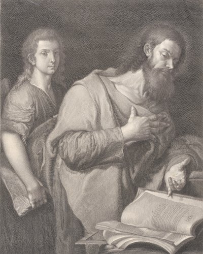 Pyhä Matteus seisoo kirjan edessä oikealla käsi rinnallaan, toinen mies..., 1750-84 tekijältä Carlo Faucci