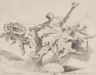 Valta, jota edustaa nainen, joka istuu pilvien päällä, pitelee kruunua ja jota ympäröi putti,..., 1725-75. tekijältä Carlo Innocenzo Carloni