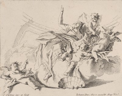 Rikkaus, jota edustaa pilvien päällä istuva ja putin ympäröimä nainen, joista yksi on..., 1725-75. tekijältä Carlo Innocenzo Carloni