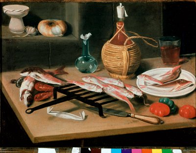 Asetelmapöytä grillatuilla kalalautasilla (mullet) ja viinipullolla (damigiana). Carlo Maginin (1720-1806) maalaus. Faenza, Pinacoteca comunale tekijältä Carlo Magini
