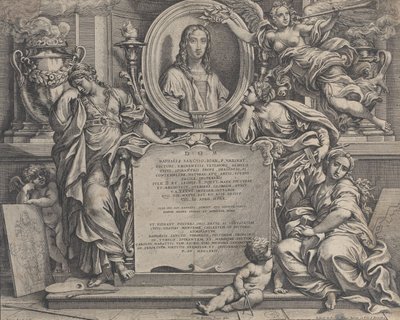 Etukappale, jossa soikea muotokuva Rafaelista, kolme allegorista Arts sup... -hahmoa, 1675. tekijältä Carlo Maratti