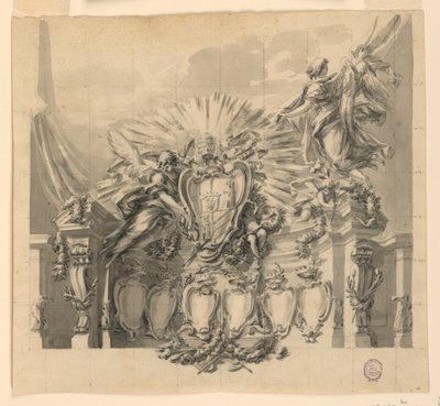 Suunnittelu Rooman Pyhän Pietarin julkisivun koristeluun Giuseppe da Capertinon ja Jeanne-Françoise de Chantalin kanonisointia varten tekijältä Carlo Marchionni