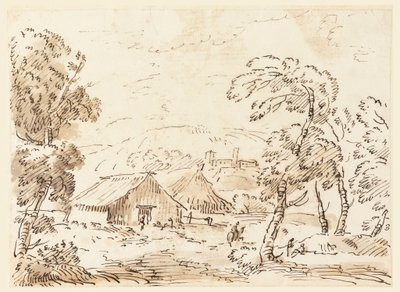 Piirustus, Talonpojan asunto ja linna vuoristoisessa maalaismaisemassa, 1762-1786 tekijältä Carlo Marchionni