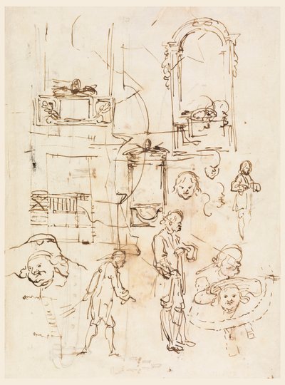 Piirustus, arkkitehtuuri- ja hahmoluonnoksia, n. 1760. tekijältä Carlo Marchionni