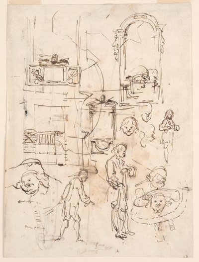 Piirustus, arkkitehtuuri- ja hahmoluonnoksia, n. 1760. tekijältä Carlo Marchionni