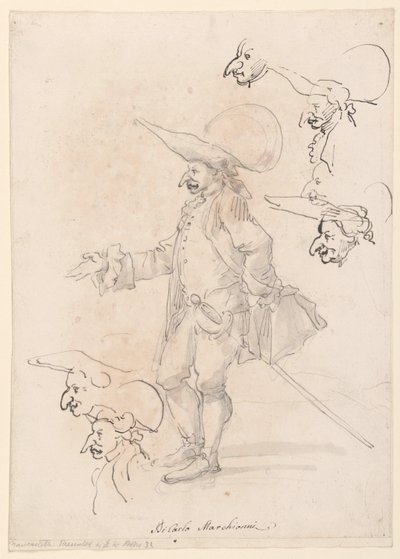 Piirustus, karikatyyrejä, n. 1725-75 tekijältä Carlo Marchionni