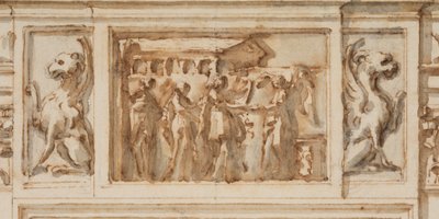 Piirustus, Pohjoisen portaalin suunnitelma, Suuri galleria, Villa Albani, Rooma, Italia, 1755-56. tekijältä Carlo Marchionni