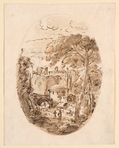 Piirustus, Maisema ratsastajan ja sillan kanssa, 1750-1786 tekijältä Carlo Marchionni