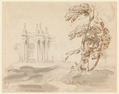 Piirros, Puu maisemassa rakennuksen kanssa, 1756-78 tekijältä Carlo Marchionni
