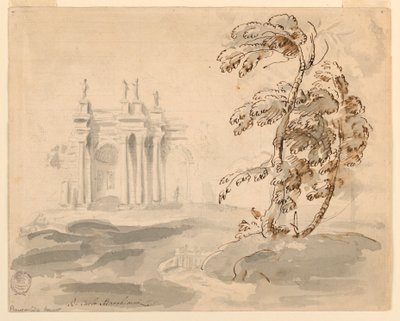 Piirros, Puu maisemassa ja rakennus, 1756-78 tekijältä Carlo Marchionni