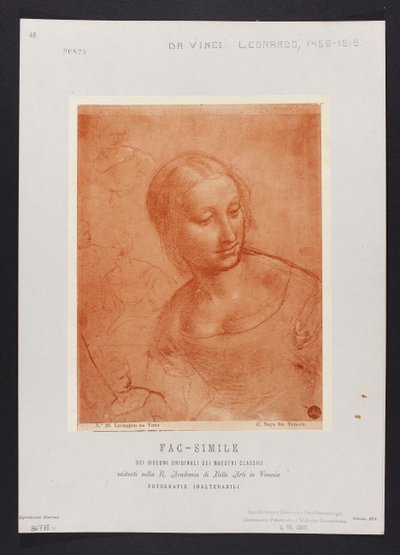 Studie eines weiblichen Büstenbildes, Zeichnung von Leonardo da Vinci (1452-1519) aus der Sammlung der R. Accademia di Belle Arti in Venedig; Tafel aus der Mappe: "Fac-simile dei disegni originali dei maestri classici esistenti nella R. Academia di Belle A tekijältä Carlo Naya