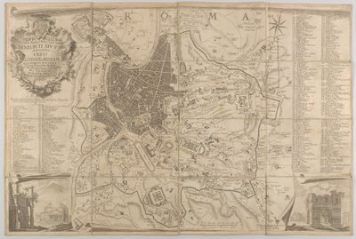 Muinaisen Rooman suunnitelma, josta on näkymät Pantheoniin alhaalla vasemmalla ja voittokaaren alalaiturilla..., 1748 tekijältä Carlo Nolli