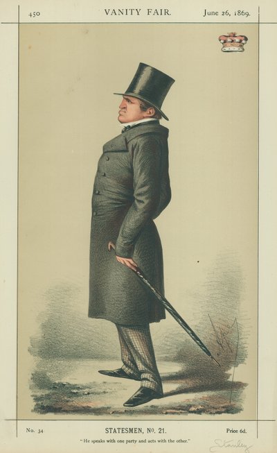 Lord Stanley, Hän puhuu toisen osapuolen kanssa ja toimii toisen kanssa, 26. kesäkuuta 1869, Vanity Fair -sarjakuva tekijältä Carlo Pellegrini