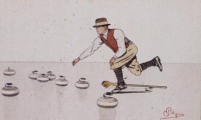 Mies heittää kiveä curling-pelissä (värilitho) tekijältä Carlo Pellegrini
