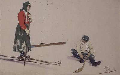 Suksensa kiinnittäminen (väri litho) tekijältä Carlo Pellegrini