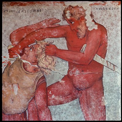 Etruskien sivilisaatio: "" Esitys troijalaisten vankien uhrauksesta Patrokluksen kunniaksi"" Carlo Ruspin (1786-1863) jäljennös Vulcin Francois-haudan freskoista 4. vuosisadalla eKr. Firenze, arkeologinen museo tekijältä Carlo Ruspi