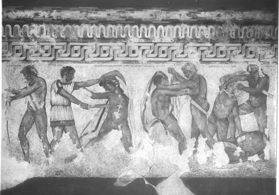 Etruskien seinämaalauksen rekonstruktio Francois-haudassa Vulcissa n. 320-280 eKr. (seinämaalaus) (katso myös 212367, 212368 ja 214591) tekijältä Carlo Ruspi