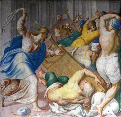 Jeesus Kristus ajaa kauppiaat ulos temppelin porteista. Fresko Carlo Urbino. Milano, S. Maria della Passione. tekijältä Carlo Urbino