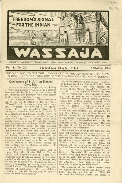 Issue of Wassaja, Voi. 8, nro 20, lokakuu 1922 tekijältä Carlos Montezuma