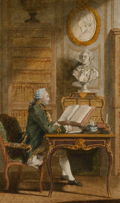 Monsieur de Cormainville kirjastossaan kirjoittamassa pöytänsä ääressä, tekijältä Carmontelle
