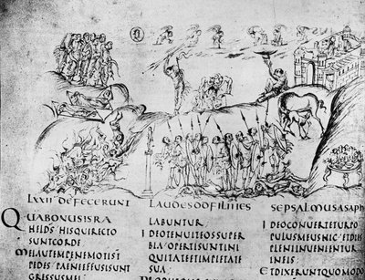 Kuva eri kohtauksista yhdestä psalmista, Utrecht Psalterista, kopio alkuperäisestä Reimsistä nyt Utrechtin yliopiston kirjastossa (kynä ja muste) tekijältä Carolingian School