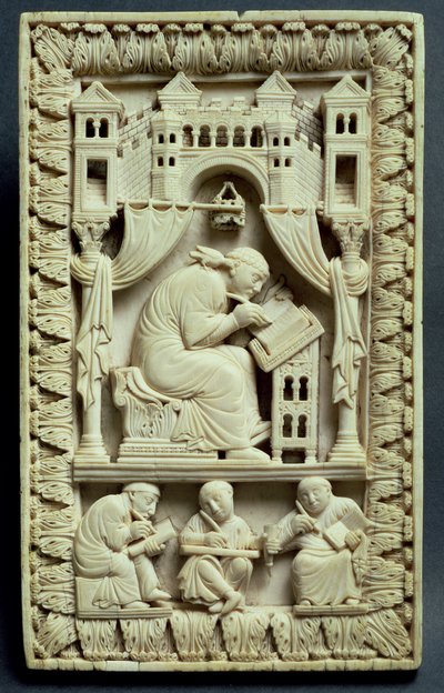 St. Gregory kirjoittaa alla kirjanoppineiden kanssa, ranskalais-saksalainen koulu, n. 850-875 tekijältä Carolingian School