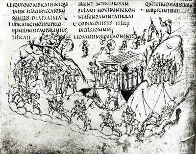 Useita psalmia kuvaavia kohtauksia, Utrechtin psalmista, kopio alkuperäisestä Reimsistä nyt Utrechtin yliopiston kirjastossa (kynä ja muste) tekijältä Carolingian School
