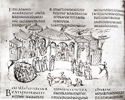 Useita psalmia kuvaavia kohtauksia, Utrechtin psalmista, kopio alkuperäisestä Reimsistä nyt Utrechtin yliopiston kirjastossa (kynä ja muste) tekijältä Carolingian School