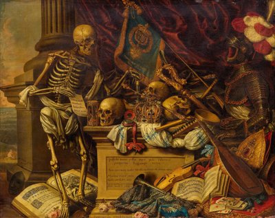 Vanitas asetelma soittimilla, kirjoilla, nuotit, luuranko, kallo ja panssari, 17. v. tekijältä Carstian Luyckx