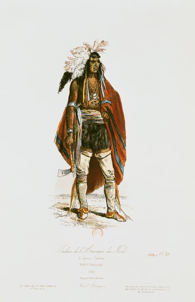 Pohjois-Amerikan intiaani, kirjasta "Modes et Costumes Historiques", kaivertanut Hippolyte Louis Pauquet (1797-s.1862) 1862 tekijältä Cartias