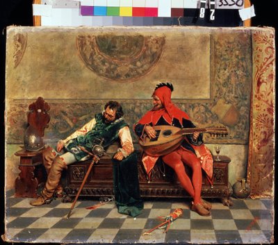 Humalassa soturi ja hovin huijari. Casimiro Tomban (1857-1929) maalaus. Öljy kankaalle, 37 x 47 cm. 1800-luvun italialaista taidetta. M. Kroshitskyn taidemuseo, Sevastopol. tekijältä Casimiro Tomba