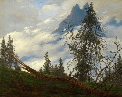 Vuorenhuiput liikkuvilla pilvillä. Noin 1835 tekijältä Caspar David Friedrich