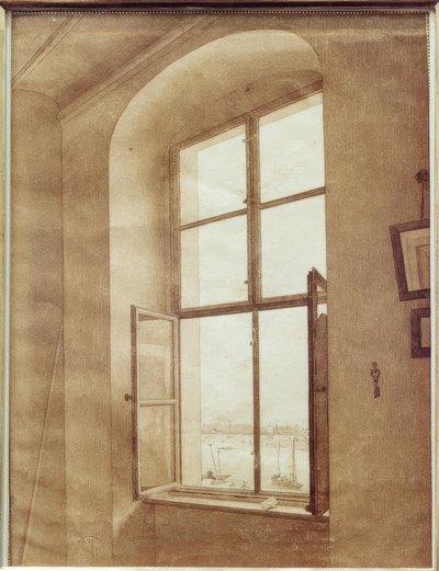 Blick aus dem Atelier des Künstlers (linkit Fensterin) tekijältä Caspar David Friedrich