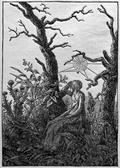 Die Frau mit dem Spinnennetz zwischen kahlen Bäumen tekijältä Caspar David Friedrich