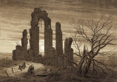 Talvi, yö, vanhuus ja kuolema (ote vuorokauden tuntien ja ihmisen aikakausien syklistä) - Caspar David Friedrichin (1774-1840) taideteos, seepia paperille (19,2x27,5 cm) tekijältä Caspar David Friedrich