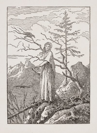 Nainen ja korppi kuilun äärellä tekijältä Caspar David Friedrich