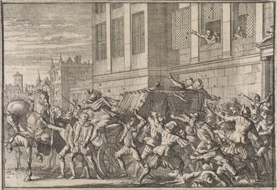 Hyökkäys Madridissa Olivaresin kreivin Gaspard de Gusmánin vaunuja vastaan, 1643 tekijältä Caspar Luyken (attributed to)