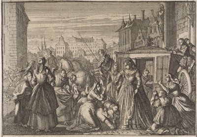 Naiset polvistumassa kuningatar Annan edessä Pariisissa, anomassa häntä verojen alentamiseen, 1645 tekijältä Caspar Luyken (attributed to)