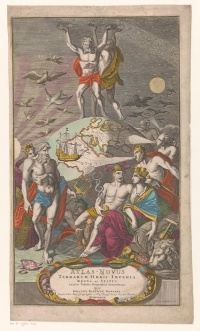 Atlas en Hercules dragen sternerhemel Otsikko voor: Johann Baptista Homan, Maailman imperiumien, kuningaskuntien ja valtioiden uusi atlas, joka näyttää tarkat maantieteelliset taulukot, 1710 tekijältä Caspar Luyken