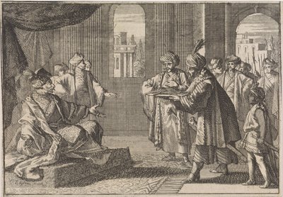 Keisari Chongzhenin pääministeri Guei-tschunille tuodaan silkkiköysi hirttääkseen itsensä, 1643 tekijältä Caspar Luyken
