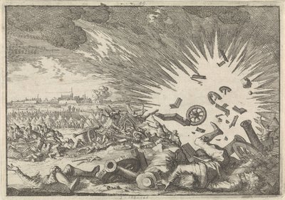 Ranskalaisen jauhemakasiinin räjähdys Namurin piirityksen aikana, 1640 tekijältä Caspar Luyken