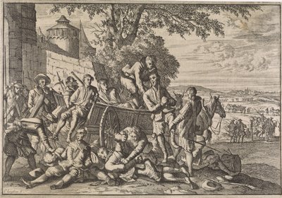Espanjalaiset sotilaat lastataan kärryihin ja viedään pois, 1641 tekijältä Caspar Luyken