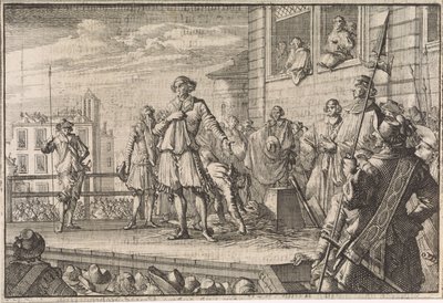 Thomas Wentworth, Earl of Strafford puhuttelee ihmisiä rakennustelineestä, 1641 tekijältä Caspar Luyken