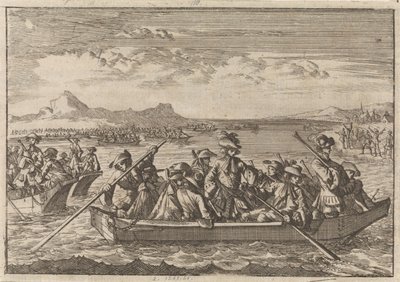 Savoiasta jahdatut valdolaiset palaavat maihinsa proomuilla Genevejärven yli vuonna 1689 tekijältä Caspar Luyken