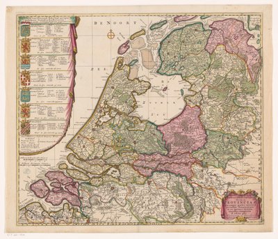 Yhdistyneen Alankomaiden Seitsemän tasavallan kartta Yhdistyneen Alankomaiden maacaerte siihen kuuluvalla geenillä jakautuu syn provinsseihin (...) / Exactissima Belgii Foederati tabula cum annexis divisa in provincias (...) (otsikko esineessä) tekijältä Caspar Specht (possibly)