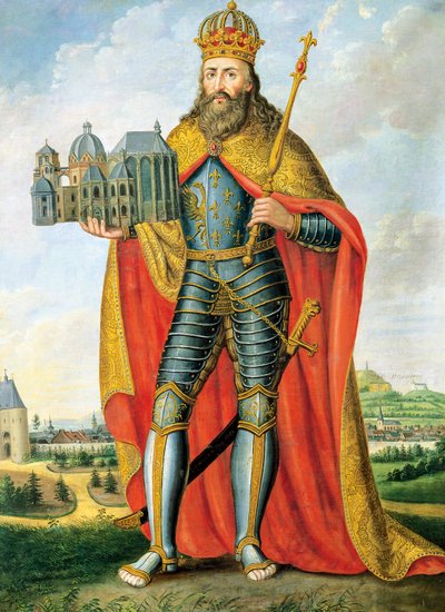 Kaarle Suuren (742 - Aachen, 814), frankkien ja lombardien kuninkaan ja Pyhän Rooman valtakunnan keisarin muotokuva seisomassa Palatinuksen kappelin mallin kanssa, Scheurenin maalaus tekijältä Casper Johann Nepomuk Scheuren