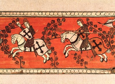 Ritarit kantavat lippuja. Tempera puulle katon koristelusta. 13. vuosisadalla. tekijältä Catalan School