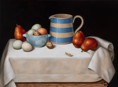 Asetelma viiriäisen höyhenellä, 2019 (öljy pellavalle) tekijältä Catherine Abel
